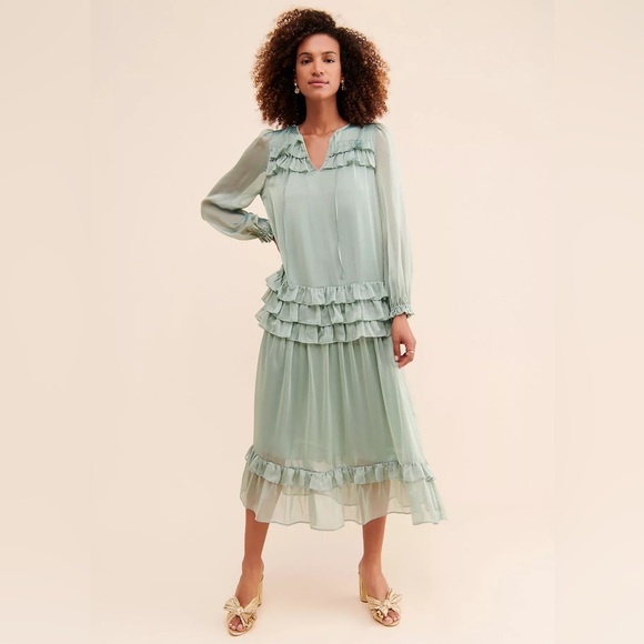Anthropologie Dresses & Skirts - Anthropologie Current Air Ruffle Maxi Dress Sheer Long Sleeve Boho Mint Green XS